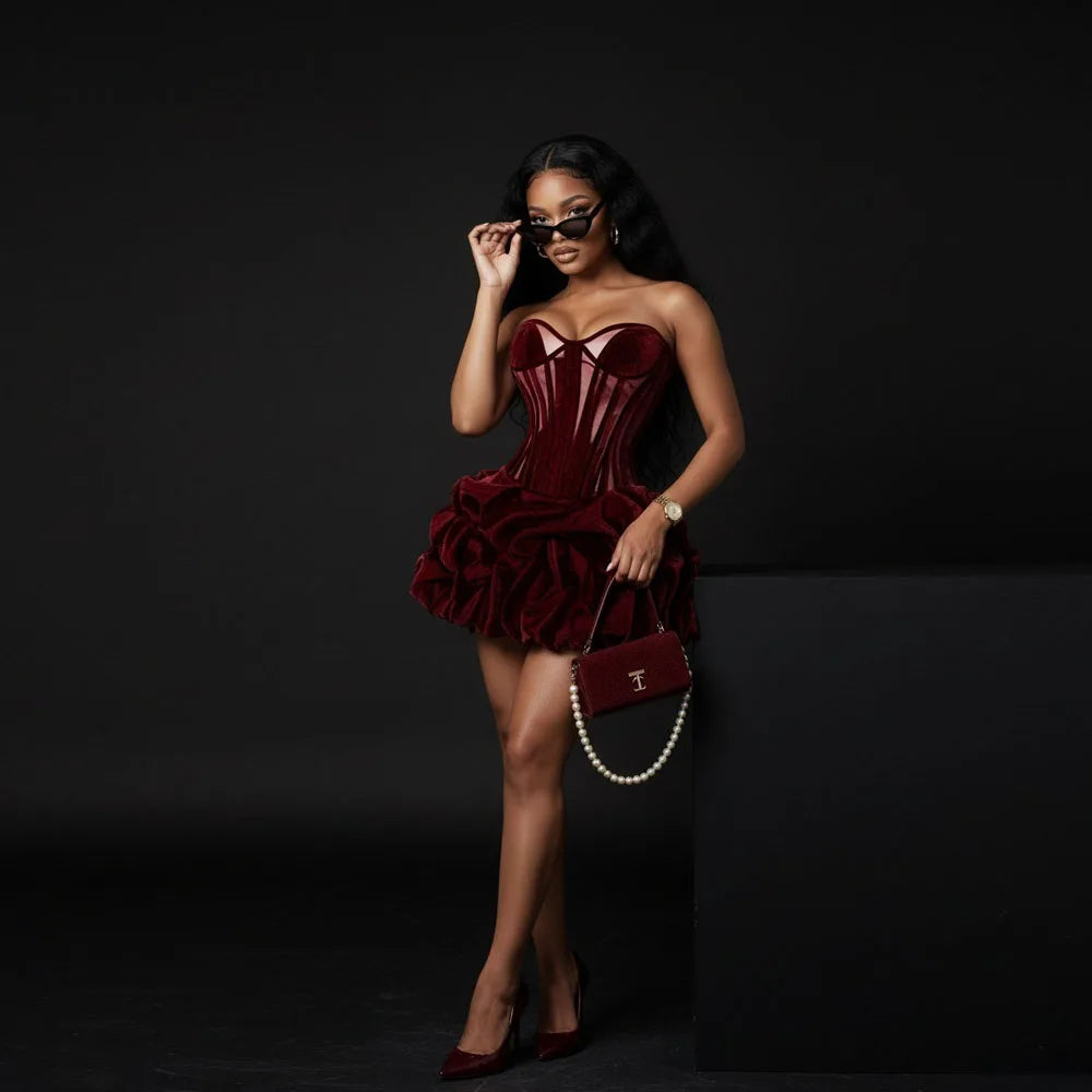 Sexy Wine Red Ruched Bubble Short Women Party Dresses With A Corset Bustier Girls Birthday Mini Dress
